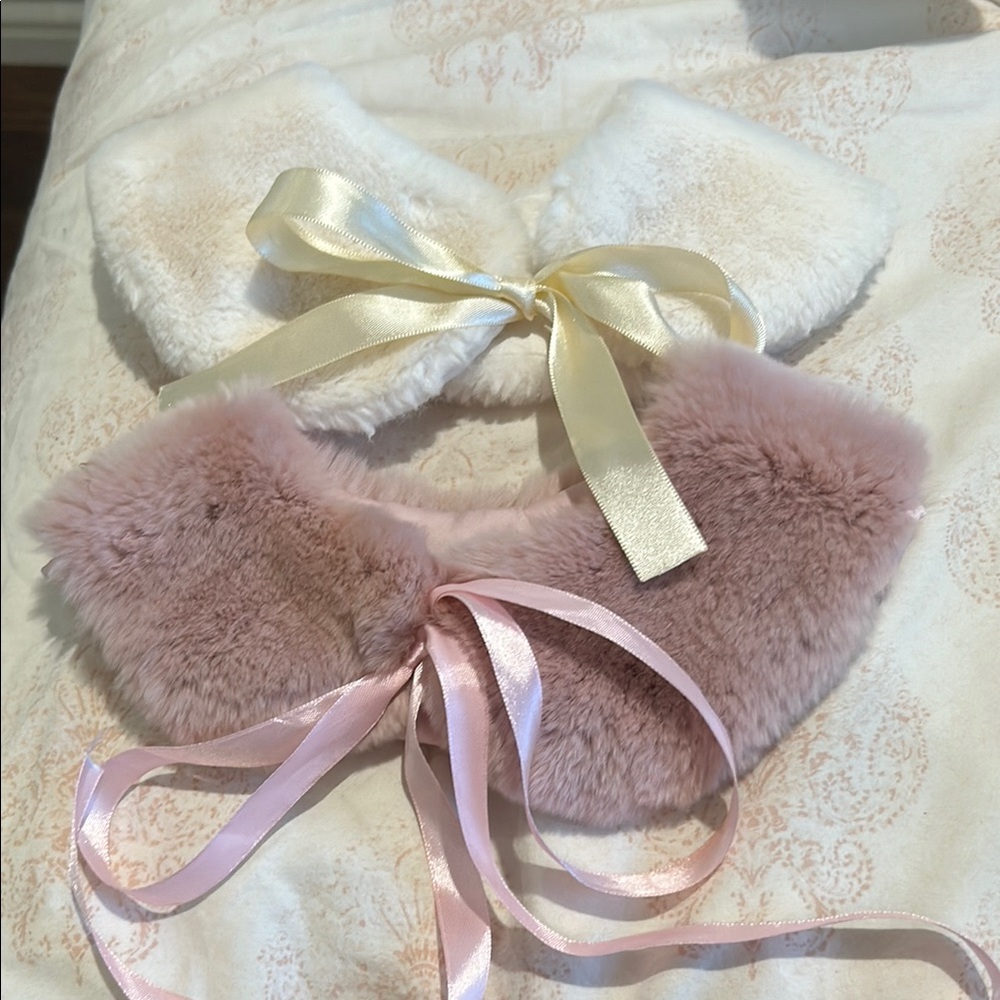 Kids Furry Collar with Ribbon Ties - White and Pink